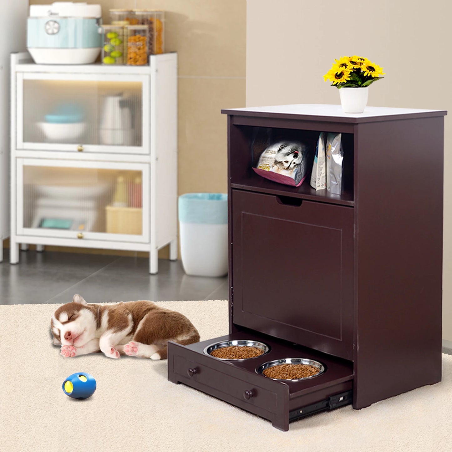 Cabinet Waterproof Painted Dog Feeder Station, Stainless Bowls