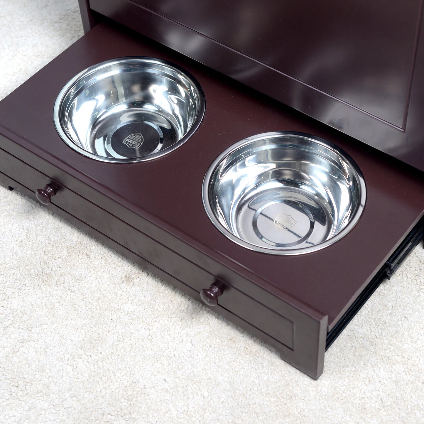 Cabinet Waterproof Painted Dog Feeder Station, Stainless Bowls