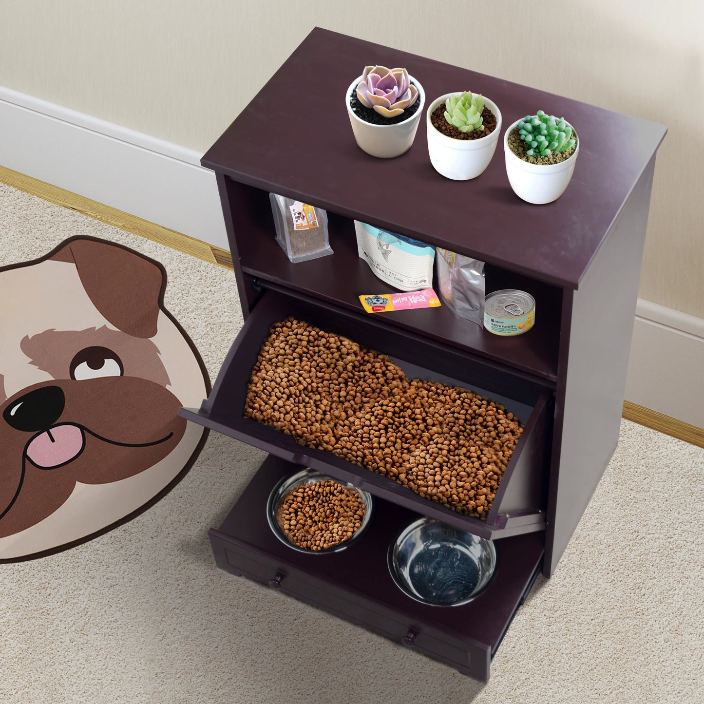 Cabinet Waterproof Painted Dog Feeder Station, Stainless Bowls