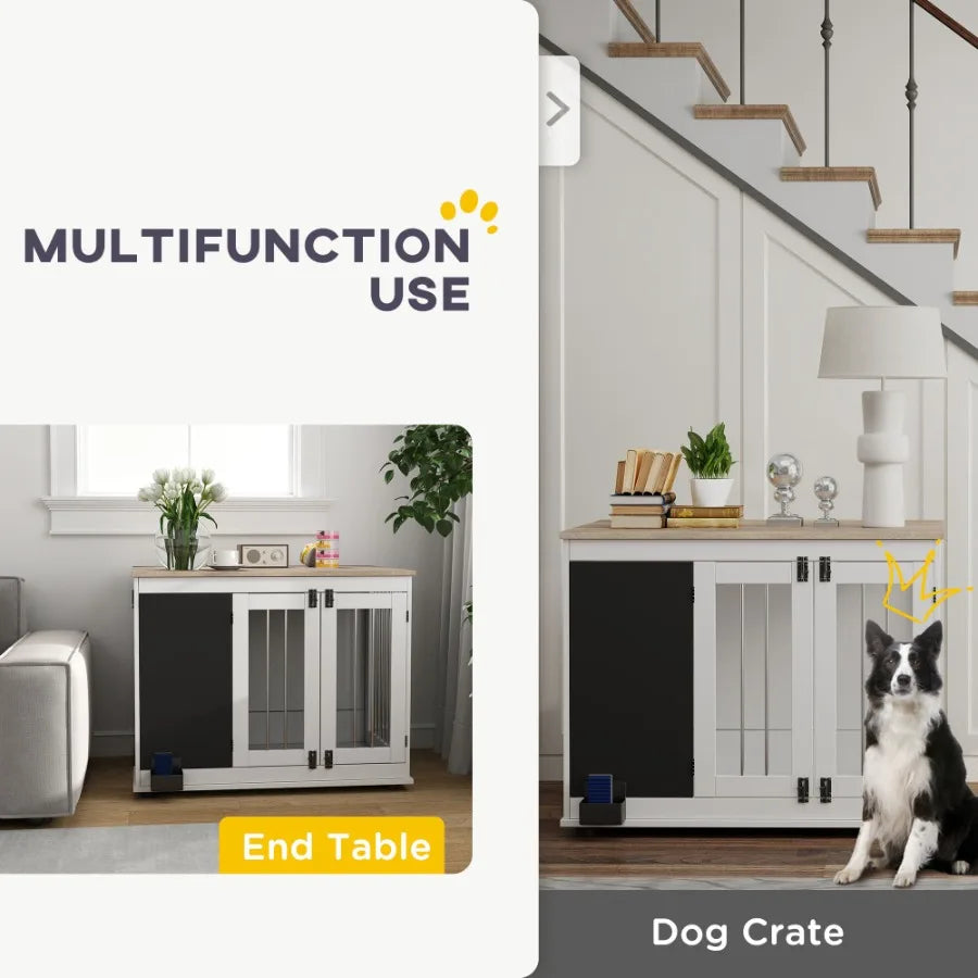 Dog Crate Furniture/Side Table for Large Dogs, Three Doors Blackboard NonSlip
