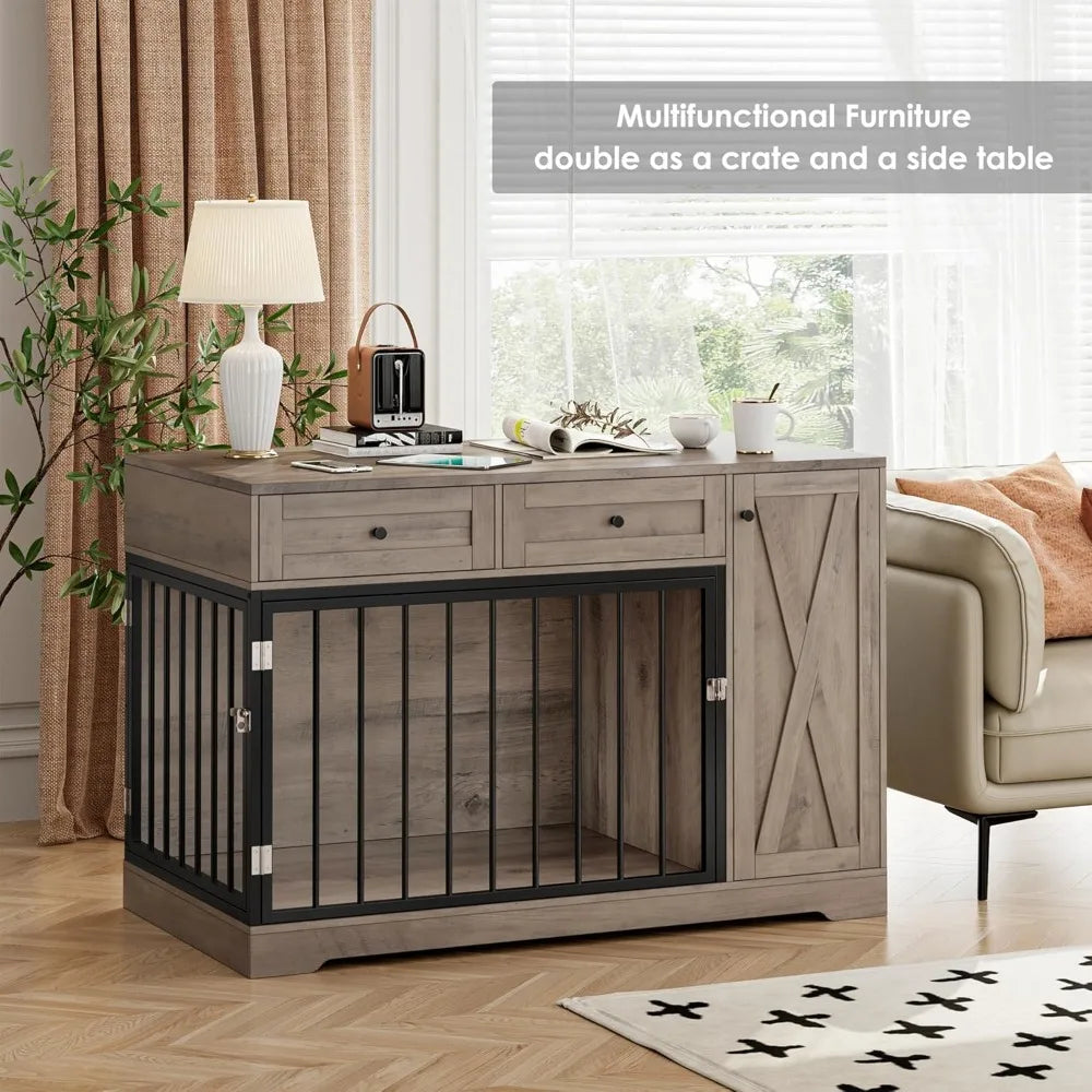 Furniture Dog Farmhouse Modern Side Table/Kennel, Double Doors Wooden. 2 Drawers Storage