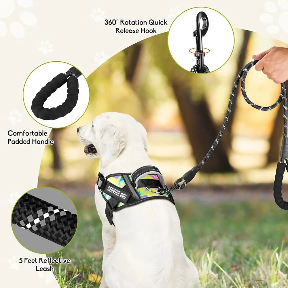 Service Dog Harness Leash Set Reflective No Pull, Training Durable Lightweight Vest
