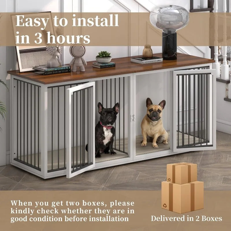 Steel Frame, Large 2 Dog Crate Furniture, Double Doors, Double Dog Cage (White)