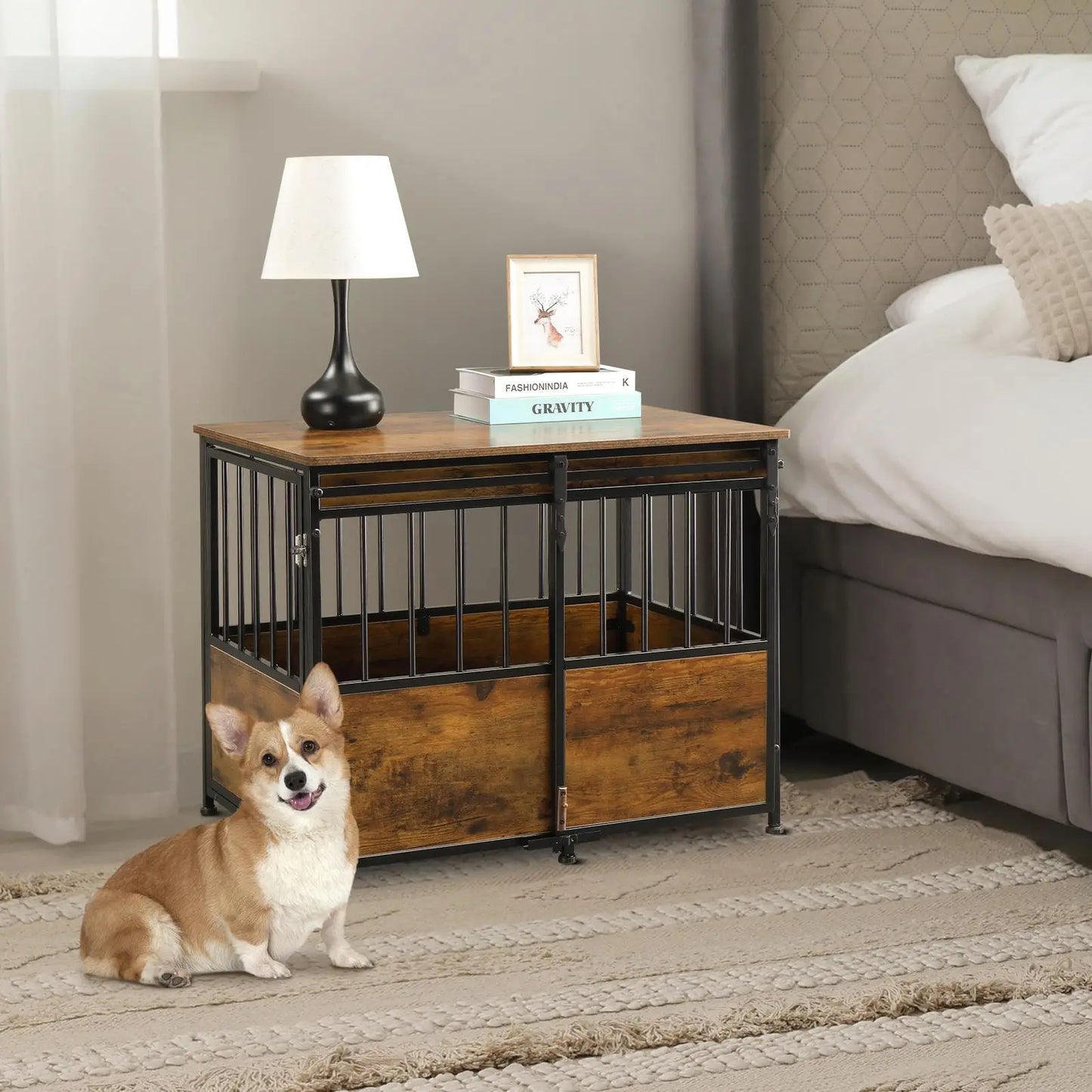 Heavy Duty Wooden, Rustic, Brown Furniture Dog Crate, Cushion Double Doors