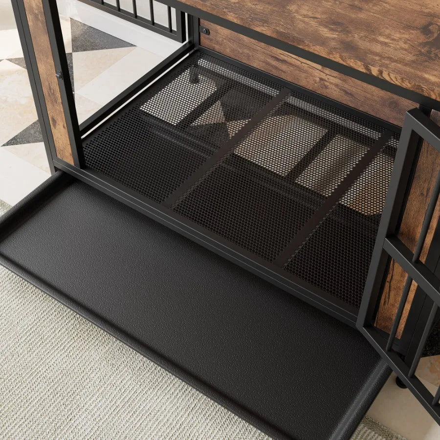 Furniture Wooden Dog Crate Table, 2 Thick Iron Sliding Doors