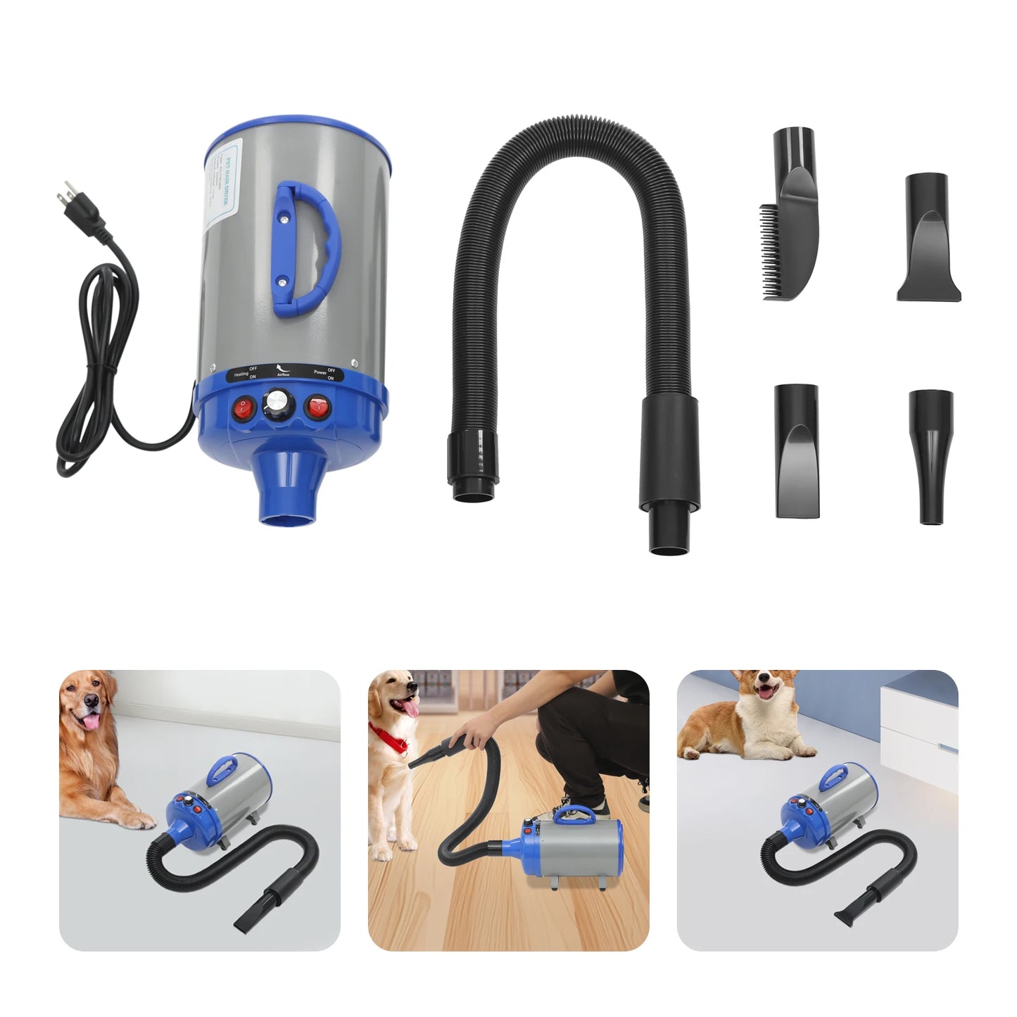 Dog Electric, Adjustable Wind, Two Temperatures, 4 Nozzles, Hair Dryer/Blower