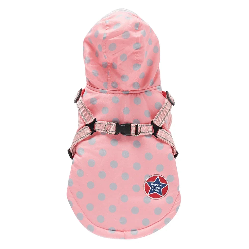 Winter, Warm, Cotton Hooded Dog Jacket with Harness, Waterproof