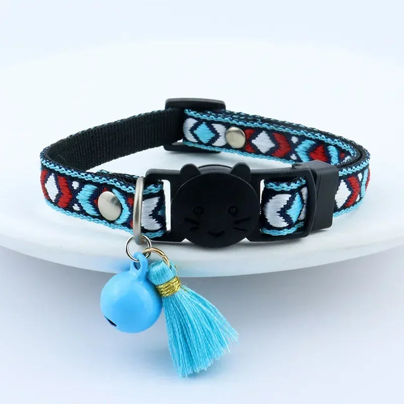 Adjustable embellished dog collar, tassels, bells, plaid, jacquard pattern