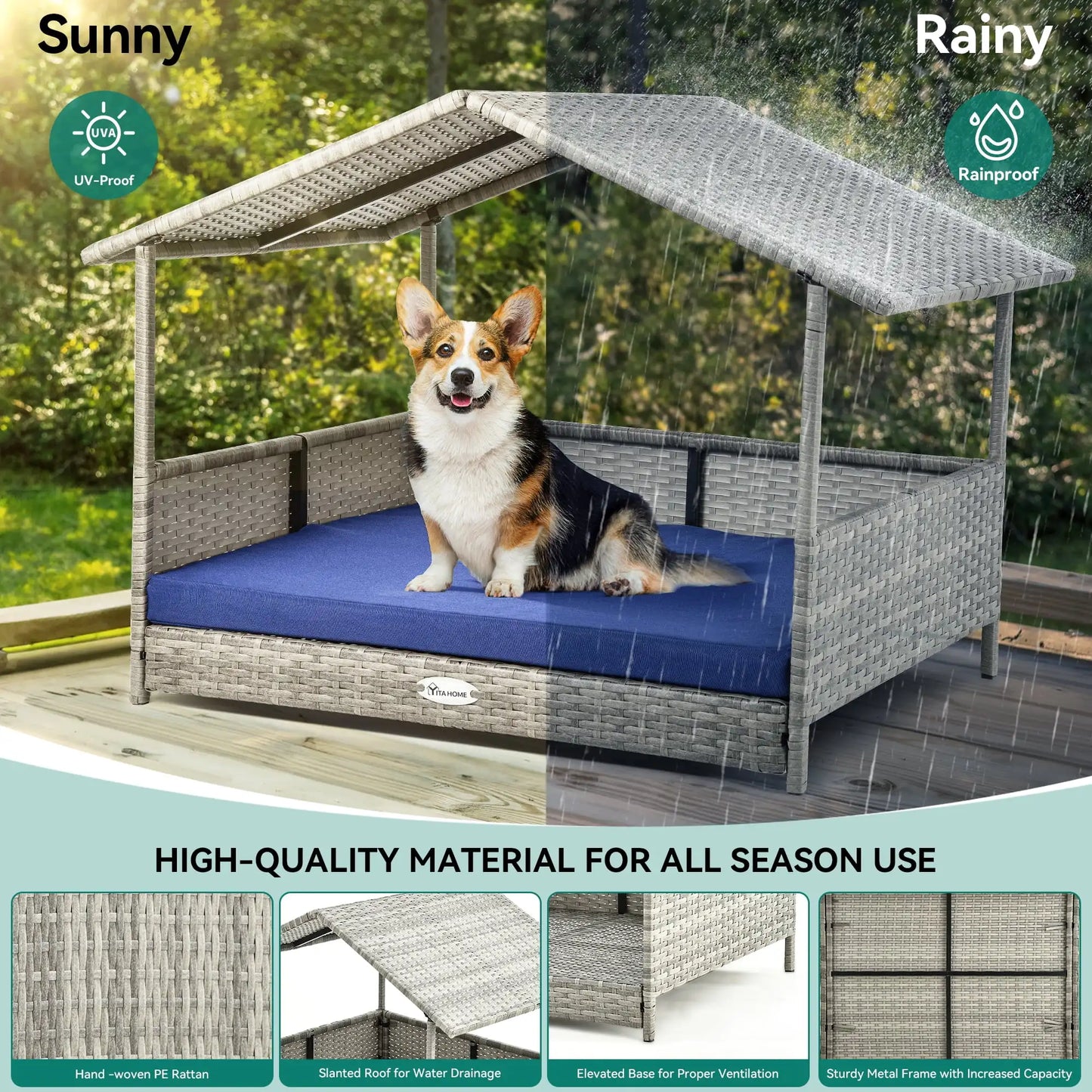 Elevated 32.9in Outdoor Rattan Doghouse with Canopy and Water-Resistant
