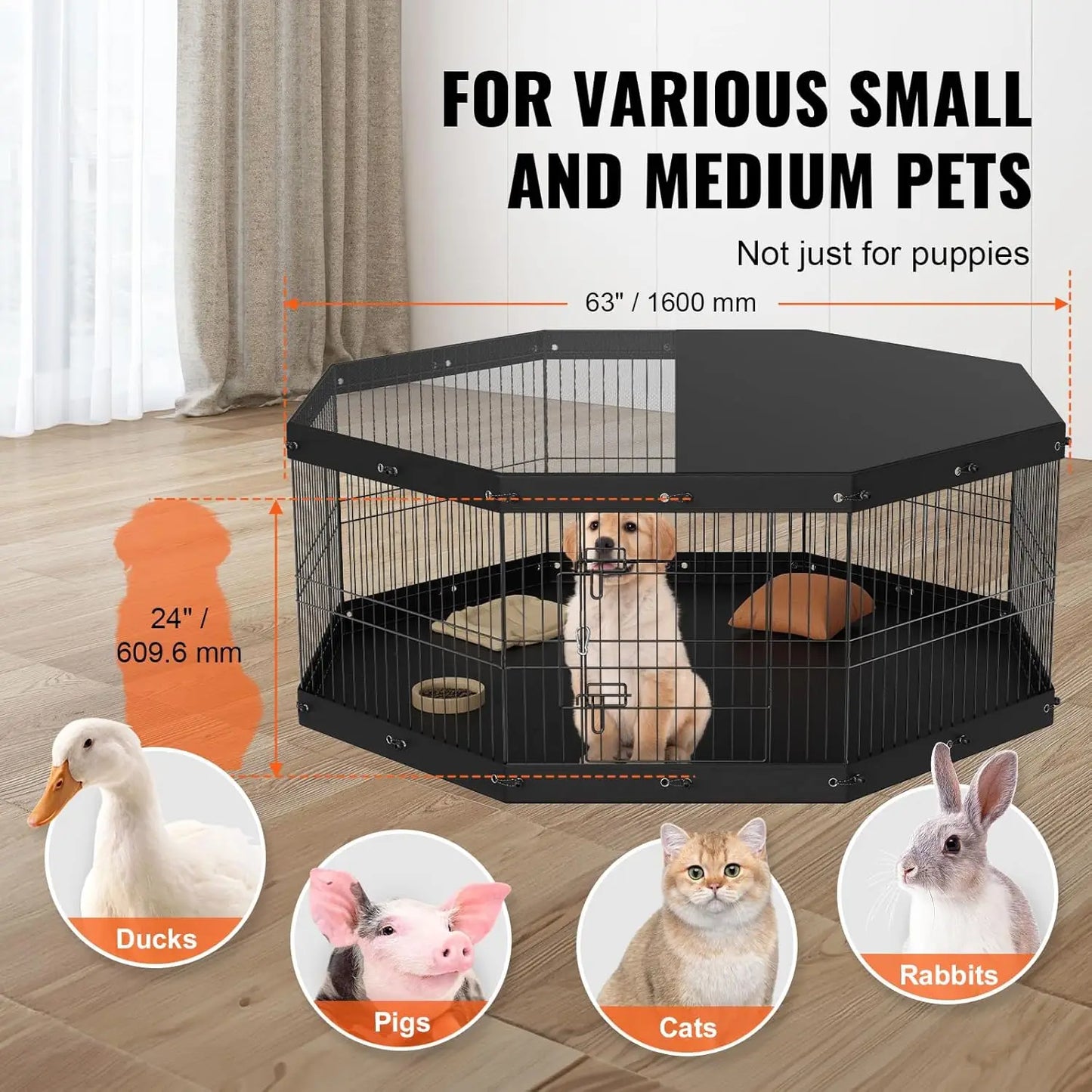 Foldable Metal Dog Exercise Playpen for Camping with Top Cover