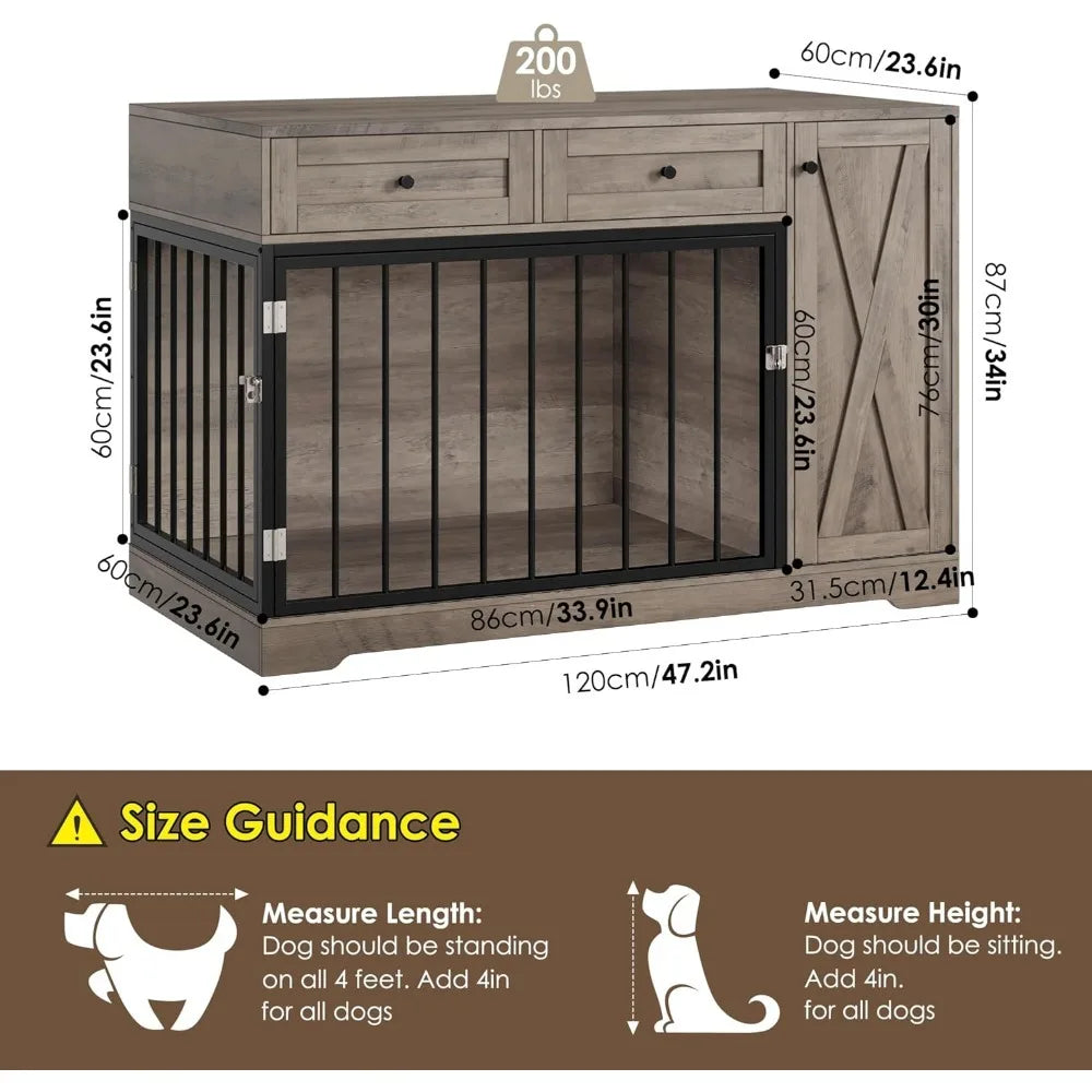 Furniture Dog Farmhouse Modern Side Table/Kennel, Double Doors Wooden. 2 Drawers Storage