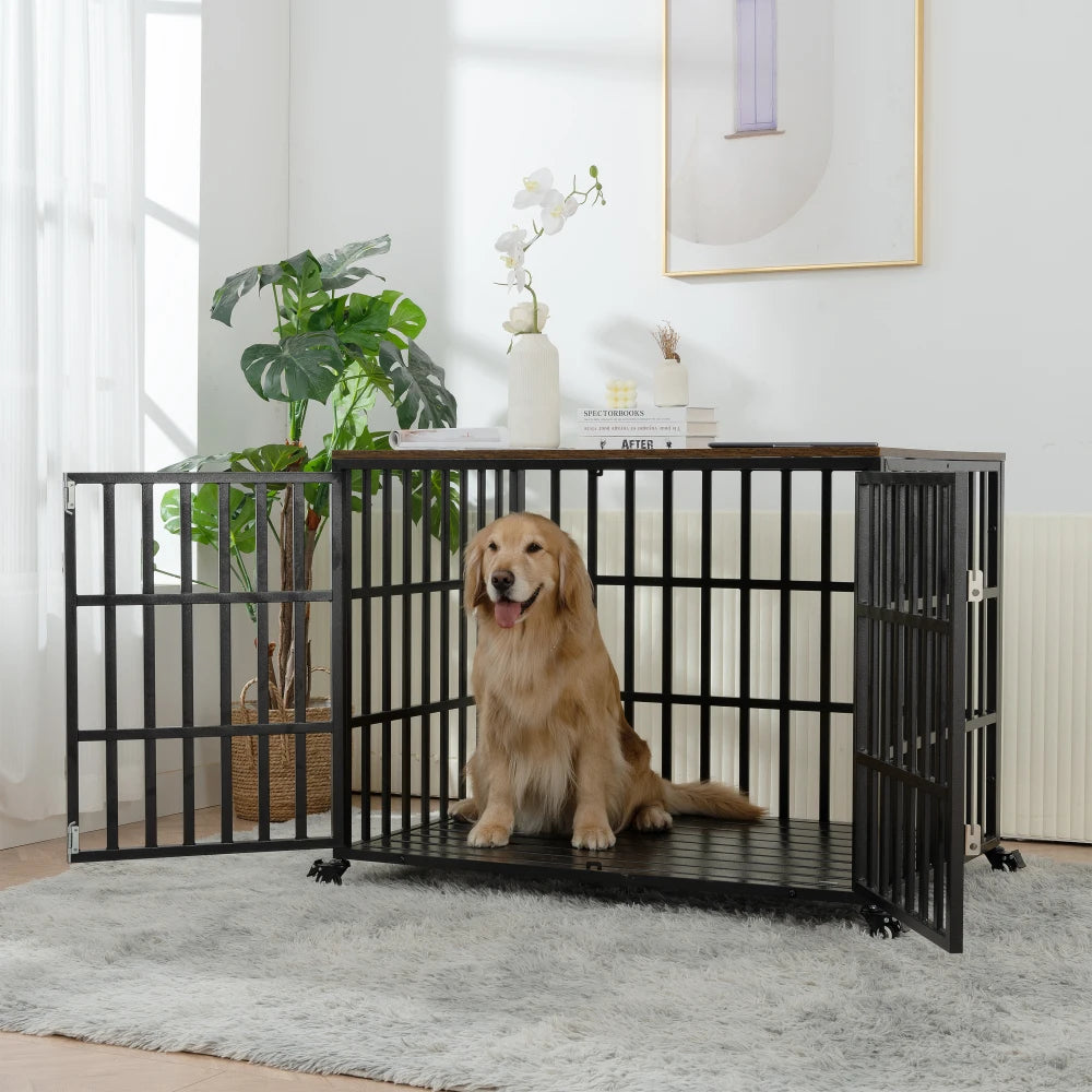 Heavy Duty Furniture Dog Crate for Large & Medium Dogs, 4 Lockable Wheels & 2 Locks, Kennel.