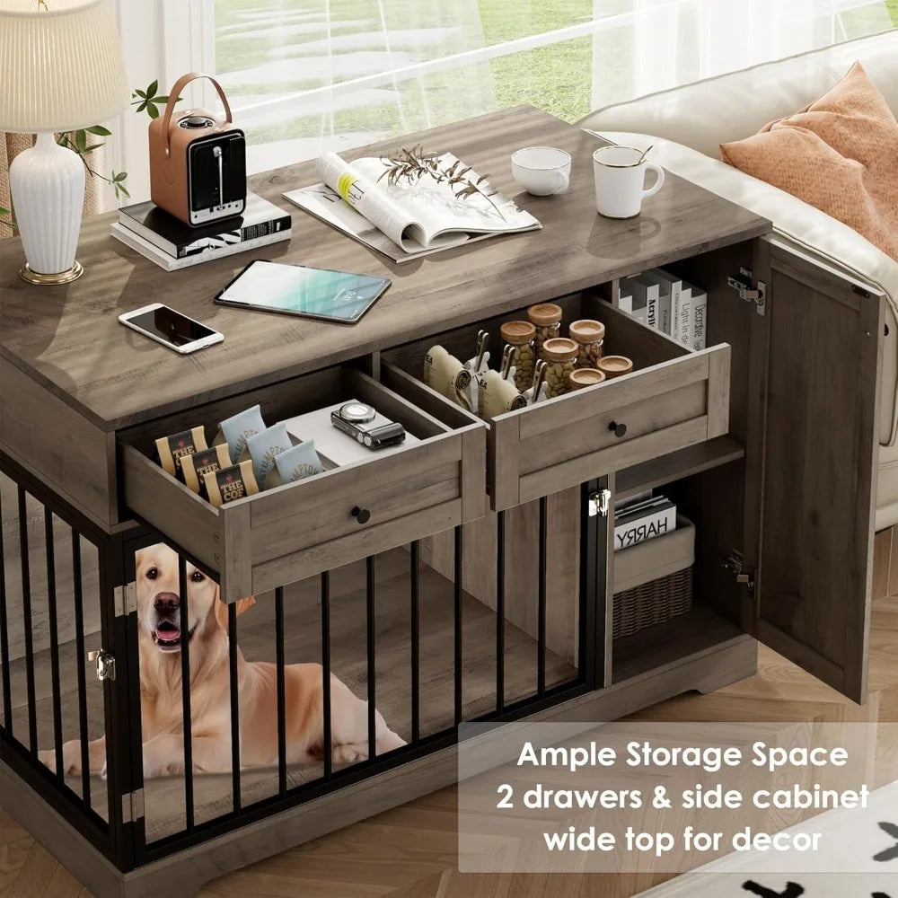 Furniture Dog Farmhouse Modern Side Table/Kennel, Double Doors Wooden. 2 Drawers Storage