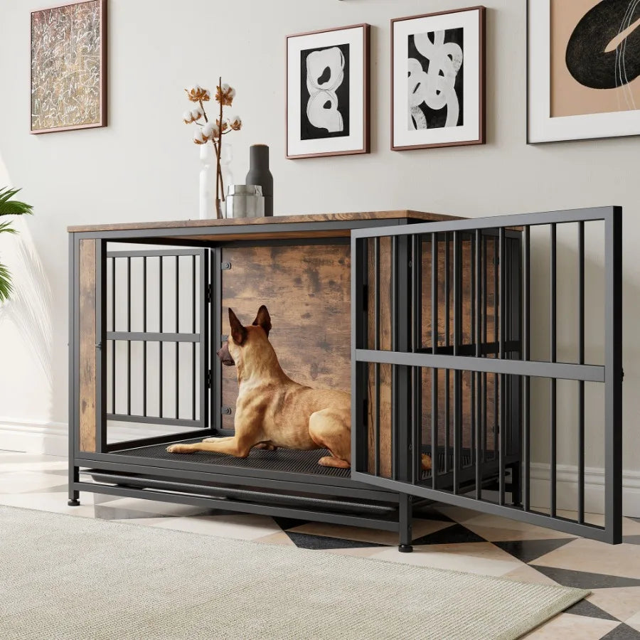 Furniture Wooden Dog Crate Table, 2 Thick Iron Sliding Doors