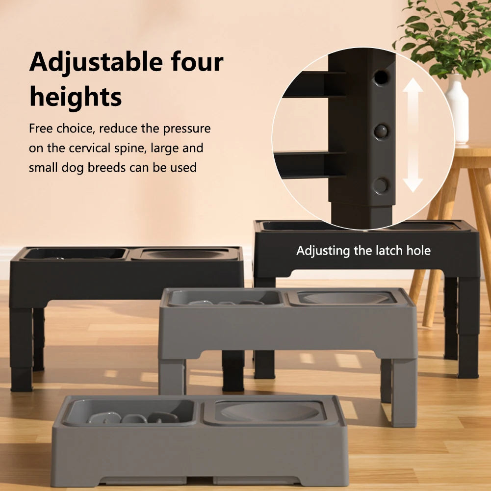 4 Adjustable Heights Elevated Dog Food Slow Feeder with Stainless Steel Bowls