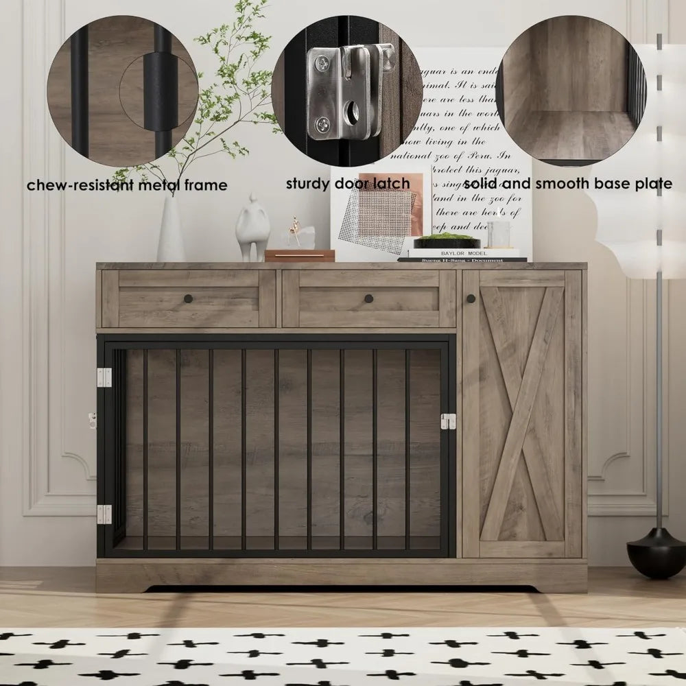 Furniture Dog Farmhouse Modern Side Table/Kennel, Double Doors Wooden. 2 Drawers Storage
