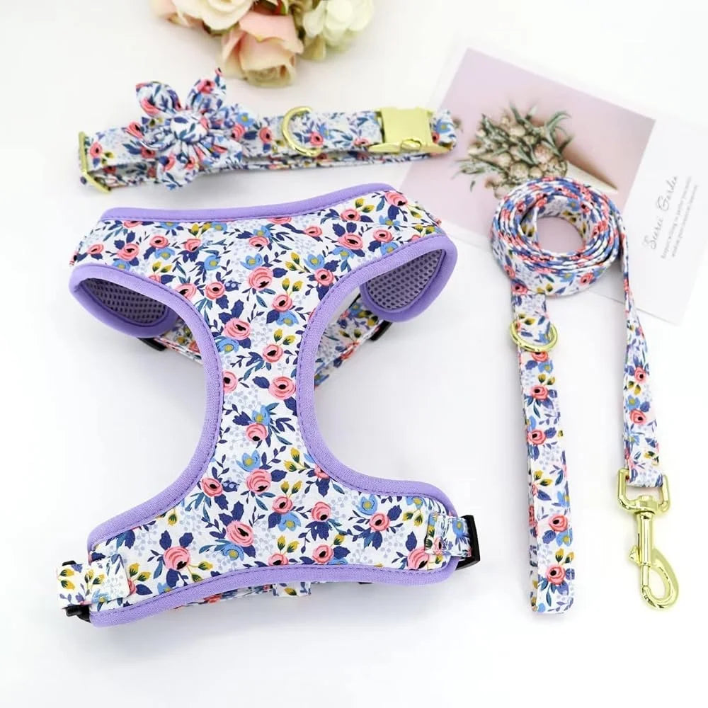 Dog Adjustable, Harness Leash Collar Set, Floral Soft Mesh Vest