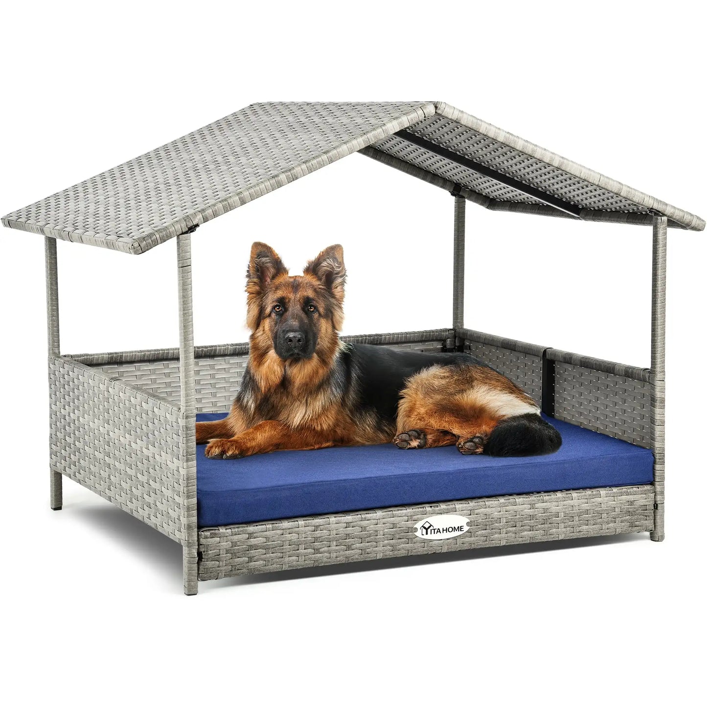 Elevated 32.9in Outdoor Rattan Doghouse with Canopy and Water-Resistant