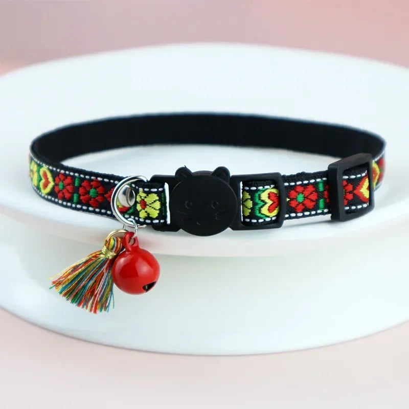 Adjustable embellished dog collar, tassels, bells, plaid, jacquard pattern