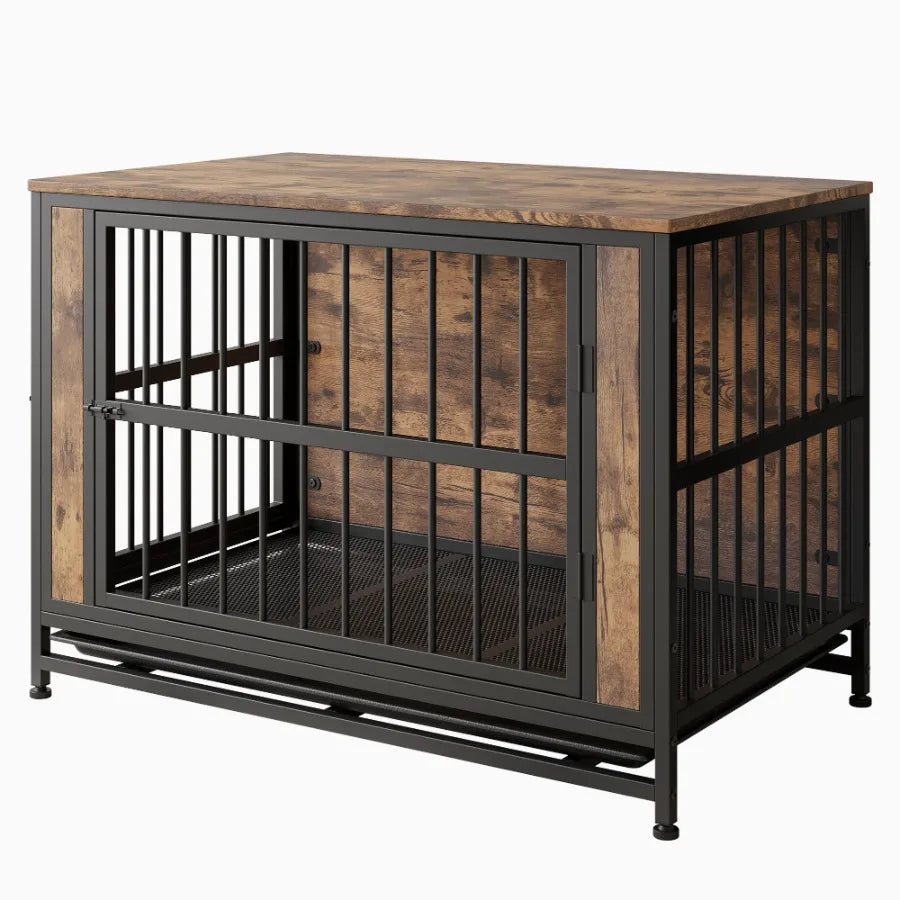 Furniture Wooden Dog Crate Table, 2 Thick Iron Sliding Doors