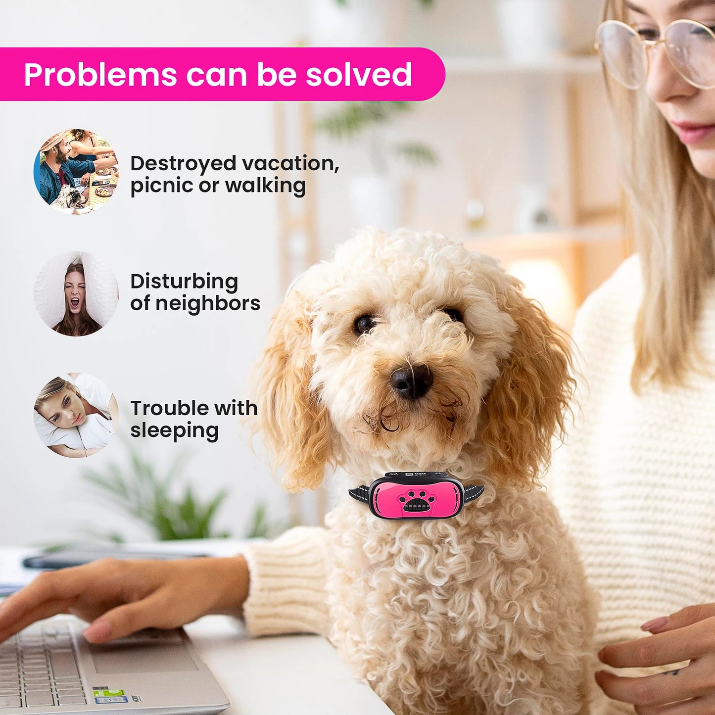 Rechargeable Anti Barking Training Dog Bark Collar, Sensitivity Intensity Beep Vibration