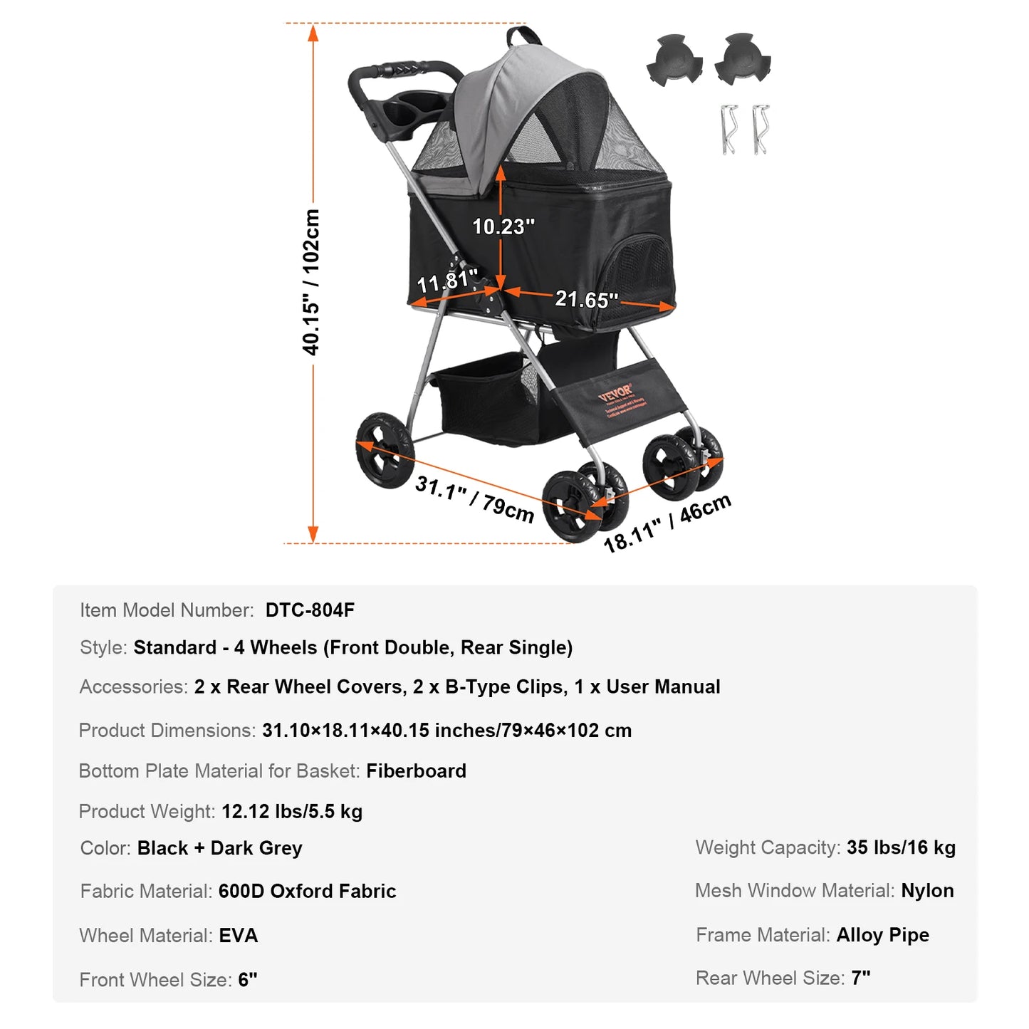 Dog Stroller Carrier, Lightweight Travel with Brakes, Cup Holder