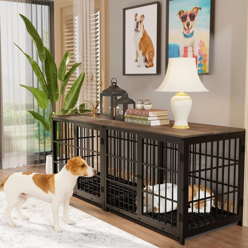 Heavy Duty Furniture Side Table Dog Kennels/Crate, Three Doors, Removable Tray