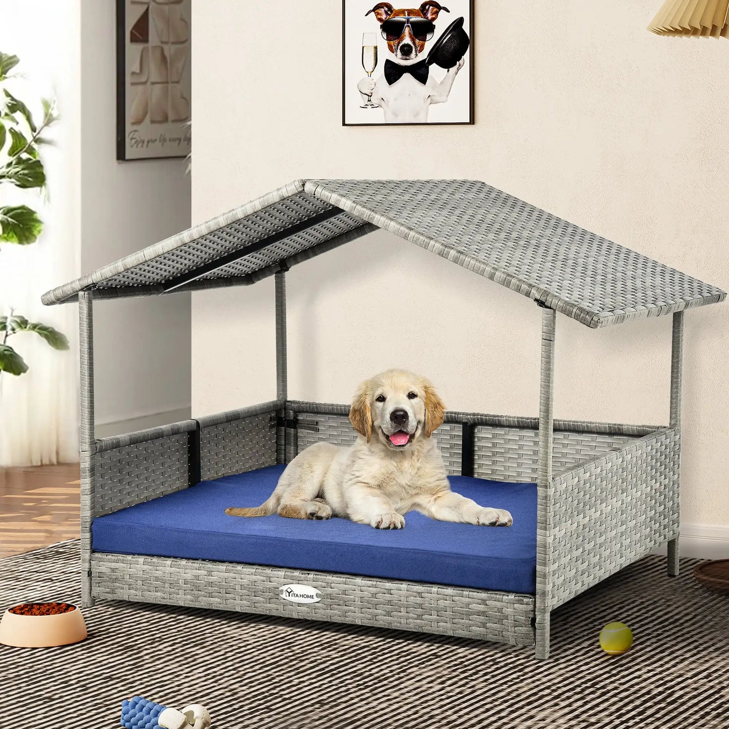 Elevated 32.9in Outdoor Rattan Doghouse with Canopy and Water-Resistant
