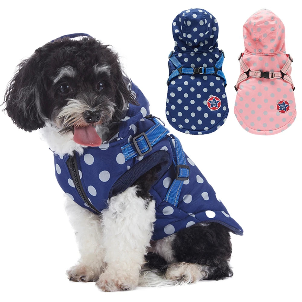 Winter, Warm, Cotton Hooded Dog Jacket with Harness, Waterproof