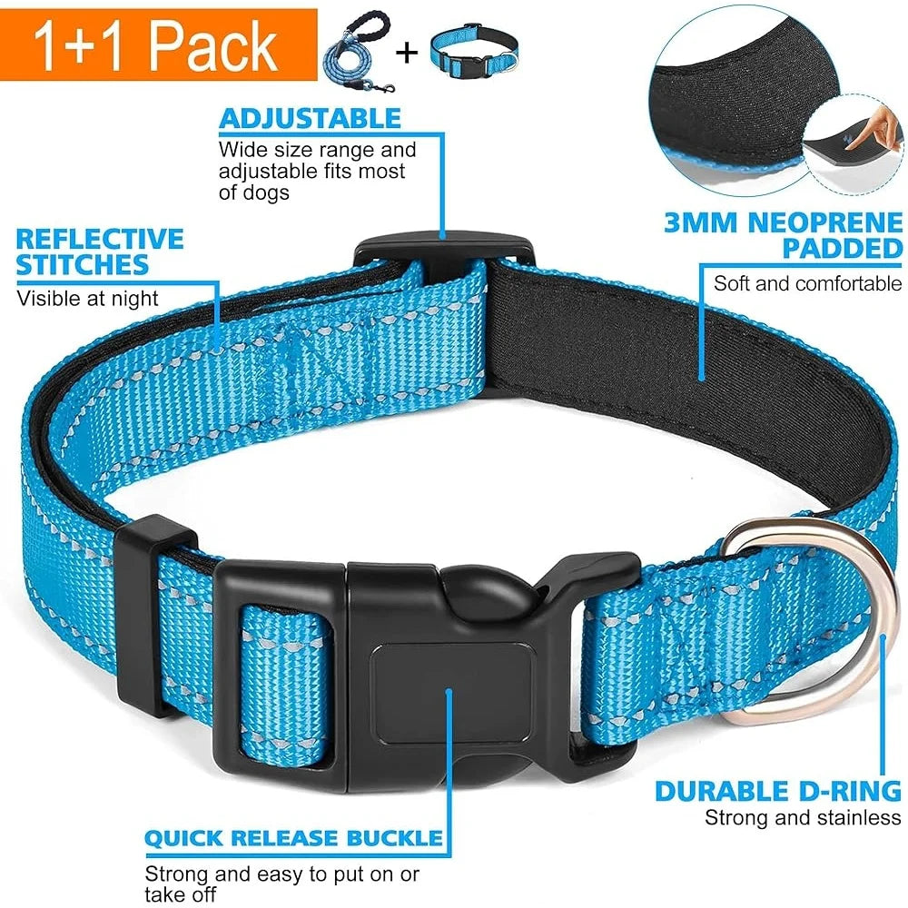 Adjustable Reflective Dog Collar with Bonus 5ft Leash