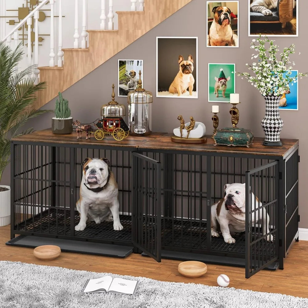 Heavy Duty Furniture Side Table Dog Kennels/Crate, Three Doors, Removable Tray