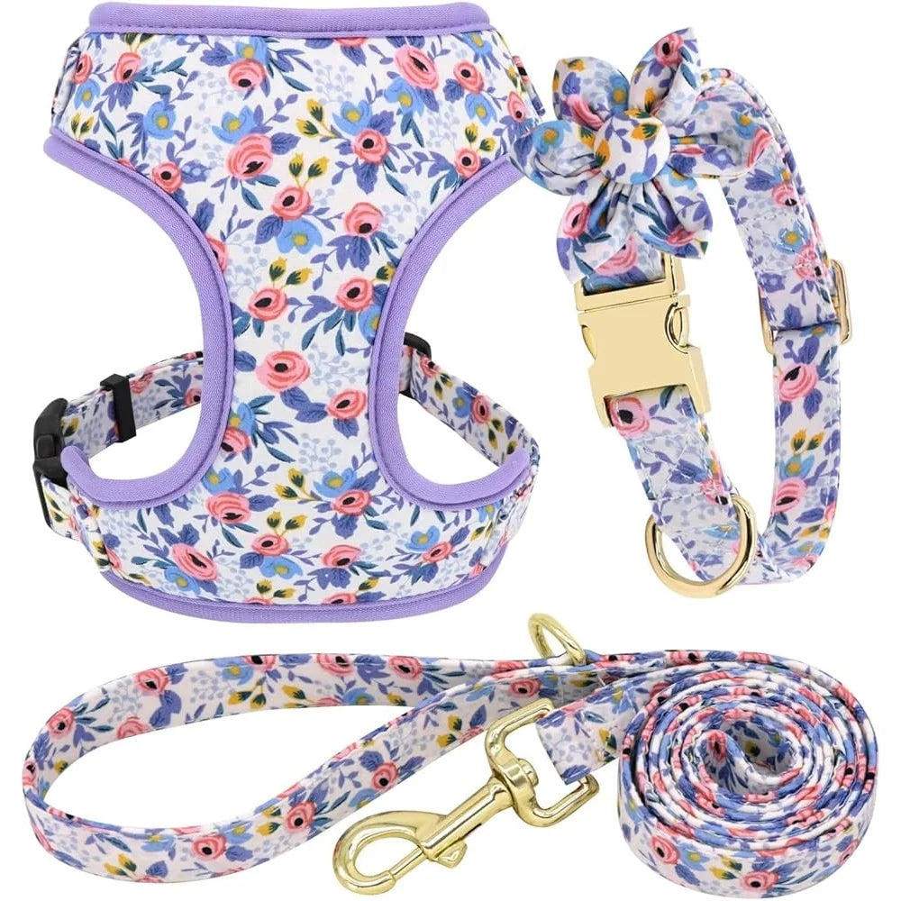 Dog Adjustable, Harness Leash Collar Set, Floral Soft Mesh Vest