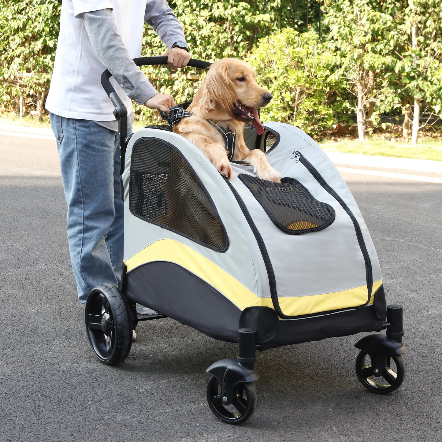 Portable/Foldable Travel Dog Stroller/Carrier with 4 Wheels for Large Dogs