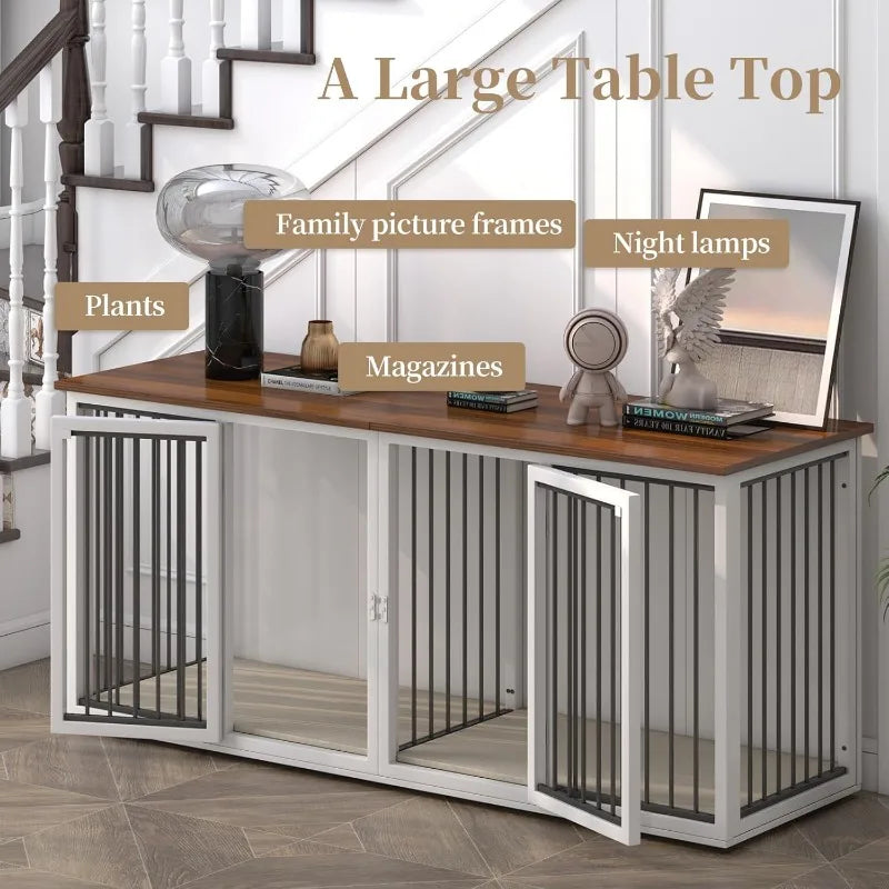 Steel Frame, Large 2 Dog Crate Furniture, Double Doors, Double Dog Cage (White)