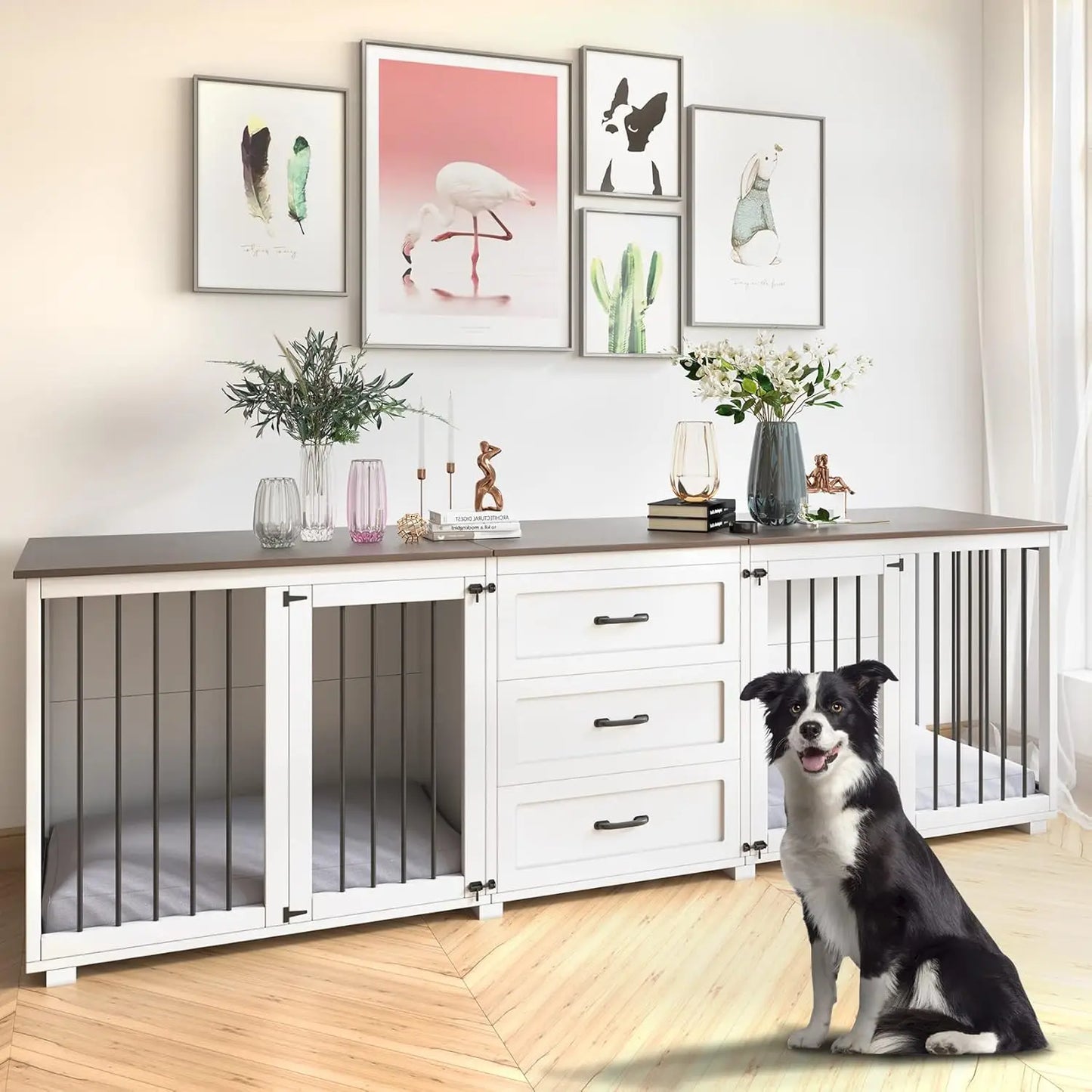Furniture Farmhouse Wooden Dog Kennel/Crate 3 Drawer, Locking Double Doors