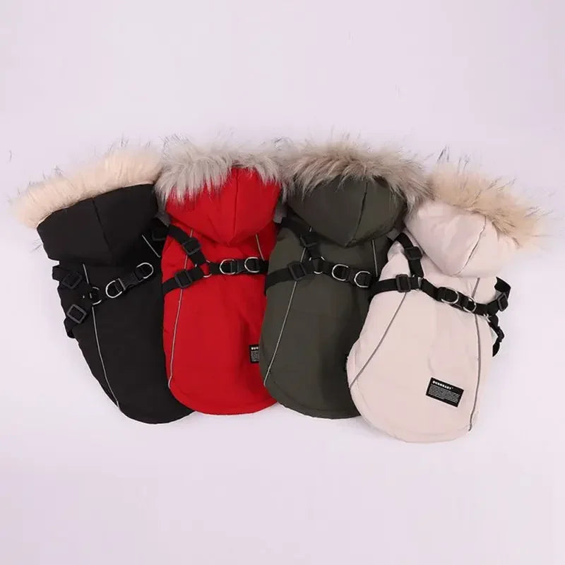 Waterproof, Hooded, Warm, Winter Dog Jacket With Harness