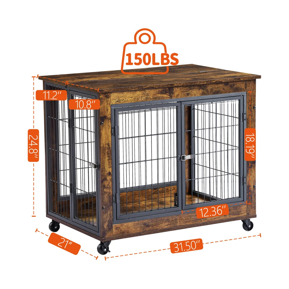 Rustic Brown Furniture Table on Wheels, Double Doors and Lift Top Dog Crate/Kennel