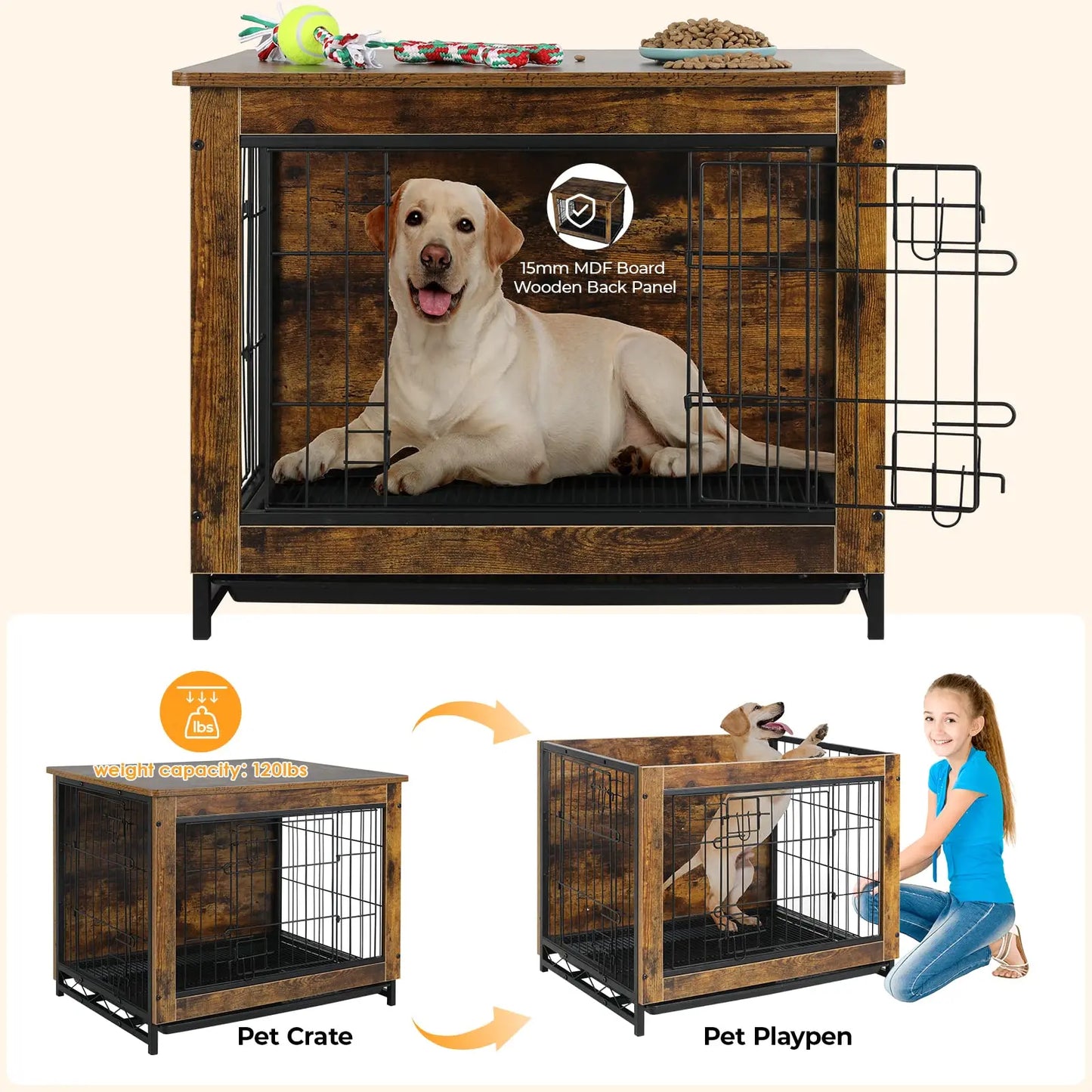 Double Doors Heavy-Duty, Furniture Wooden Side End Table Modern Dog Kennel/Crate