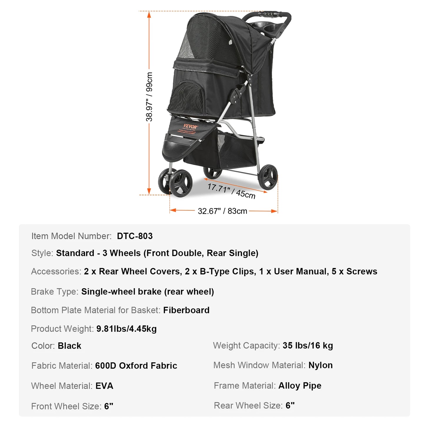 Dog Stroller Carrier, Lightweight Travel with Brakes, Cup Holder