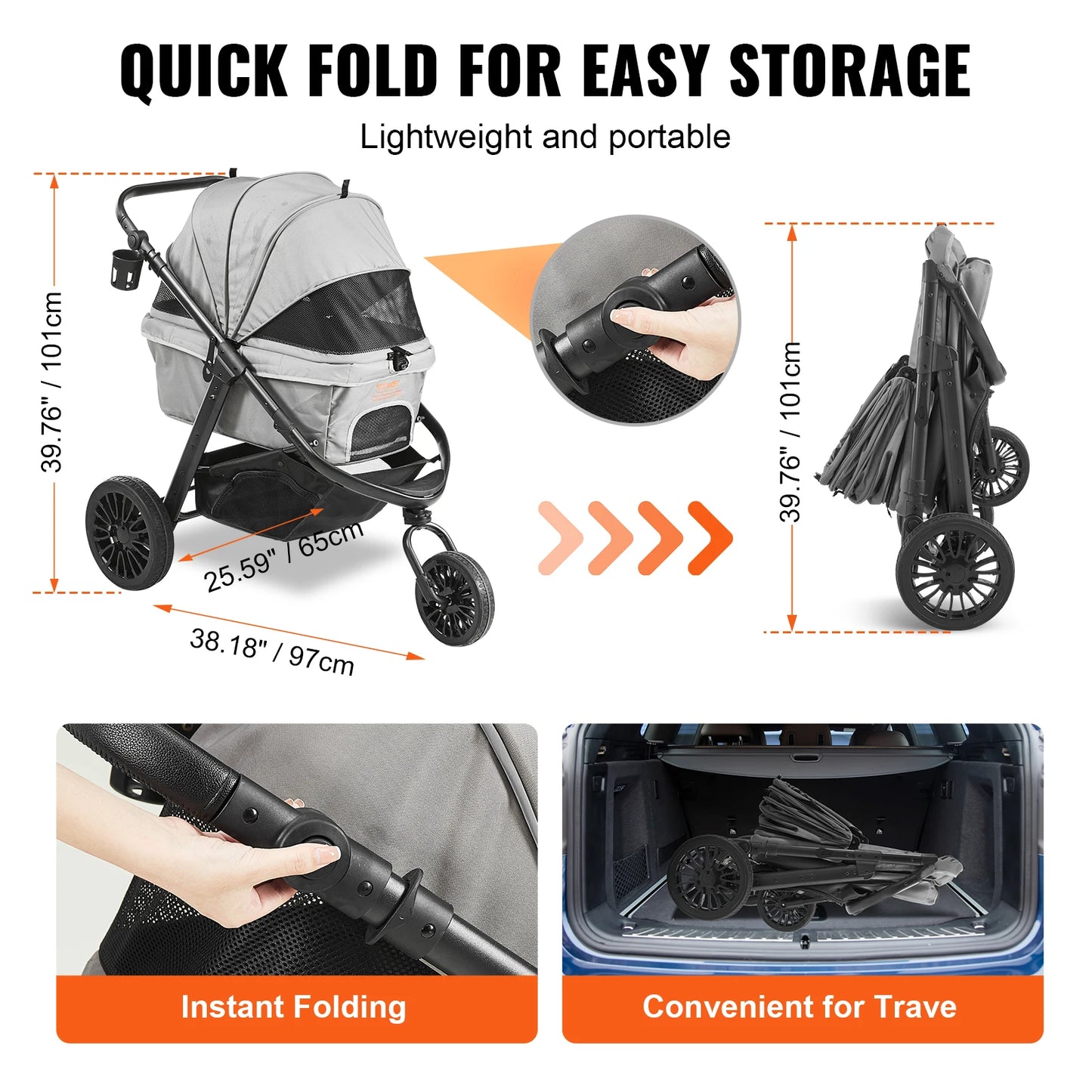 Dog Stroller Carrier, Lightweight Travel with Brakes, Cup Holder