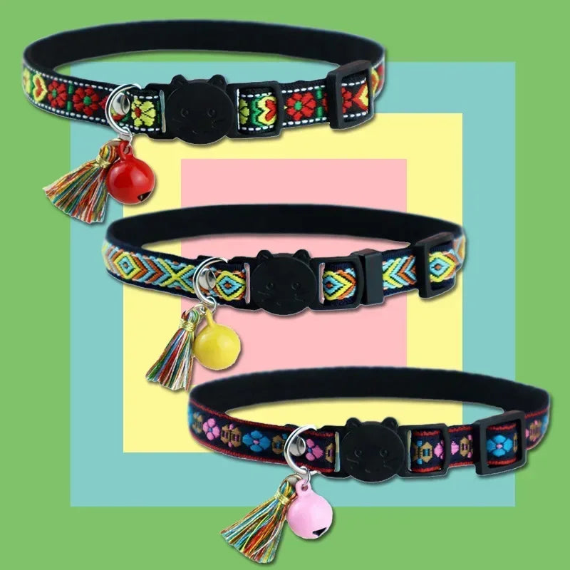 Adjustable embellished dog collar, tassels, bells, plaid, jacquard pattern