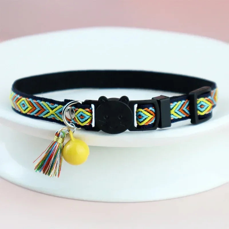 Adjustable embellished dog collar, tassels, bells, plaid, jacquard pattern
