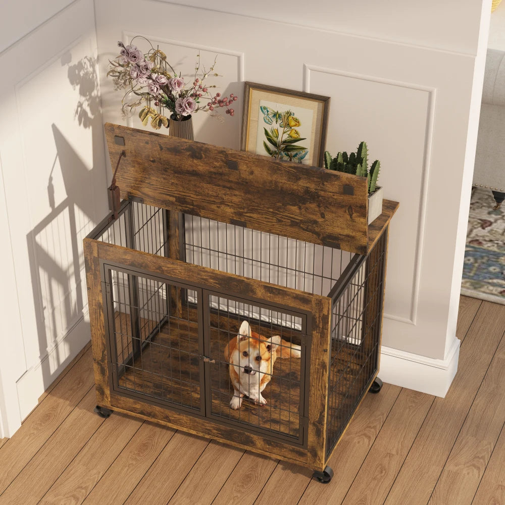 Rustic Brown Furniture Table on Wheels, Double Doors and Lift Top Dog Crate/Kennel