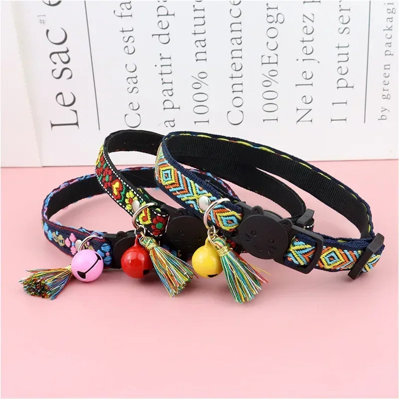 Adjustable embellished dog collar, tassels, bells, plaid, jacquard pattern