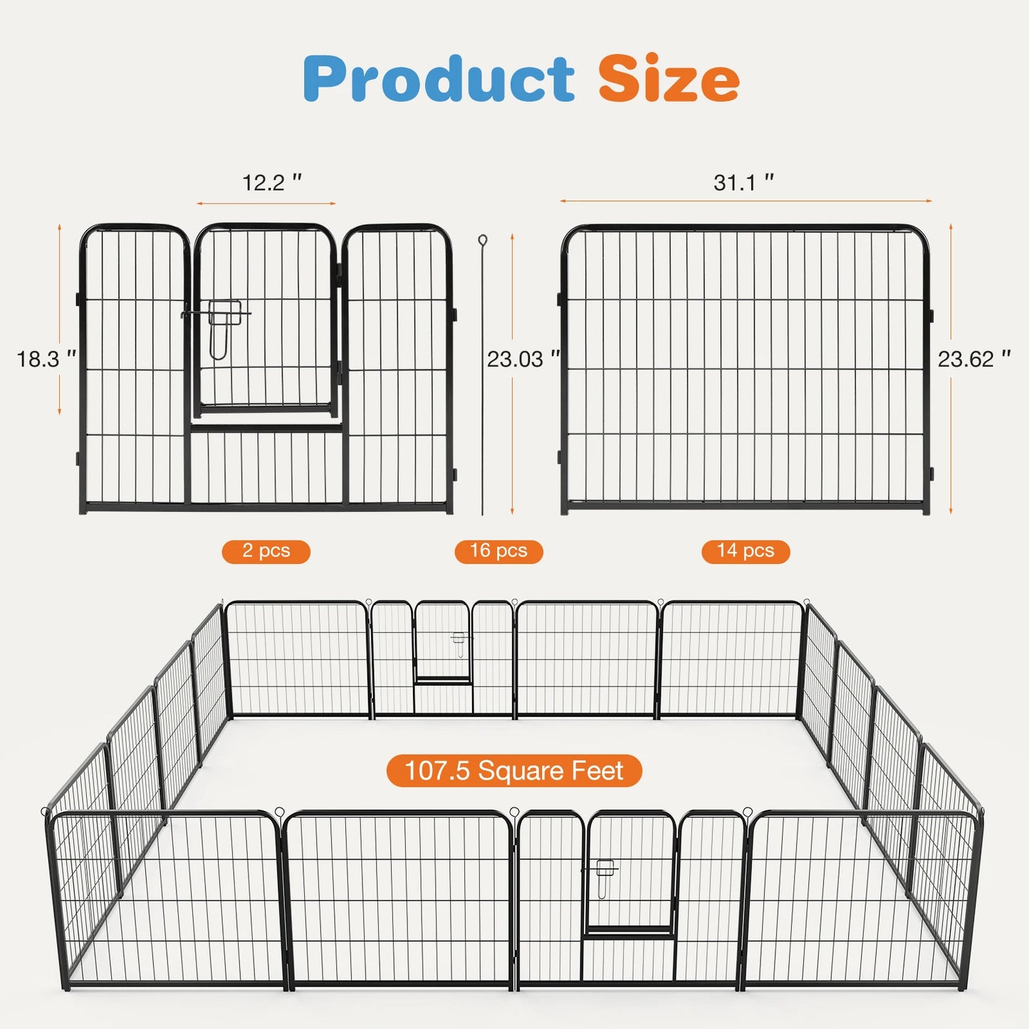 16 Panel Heavy Duty Metal Dog Exercise Playpen/Fence for Dog Pen