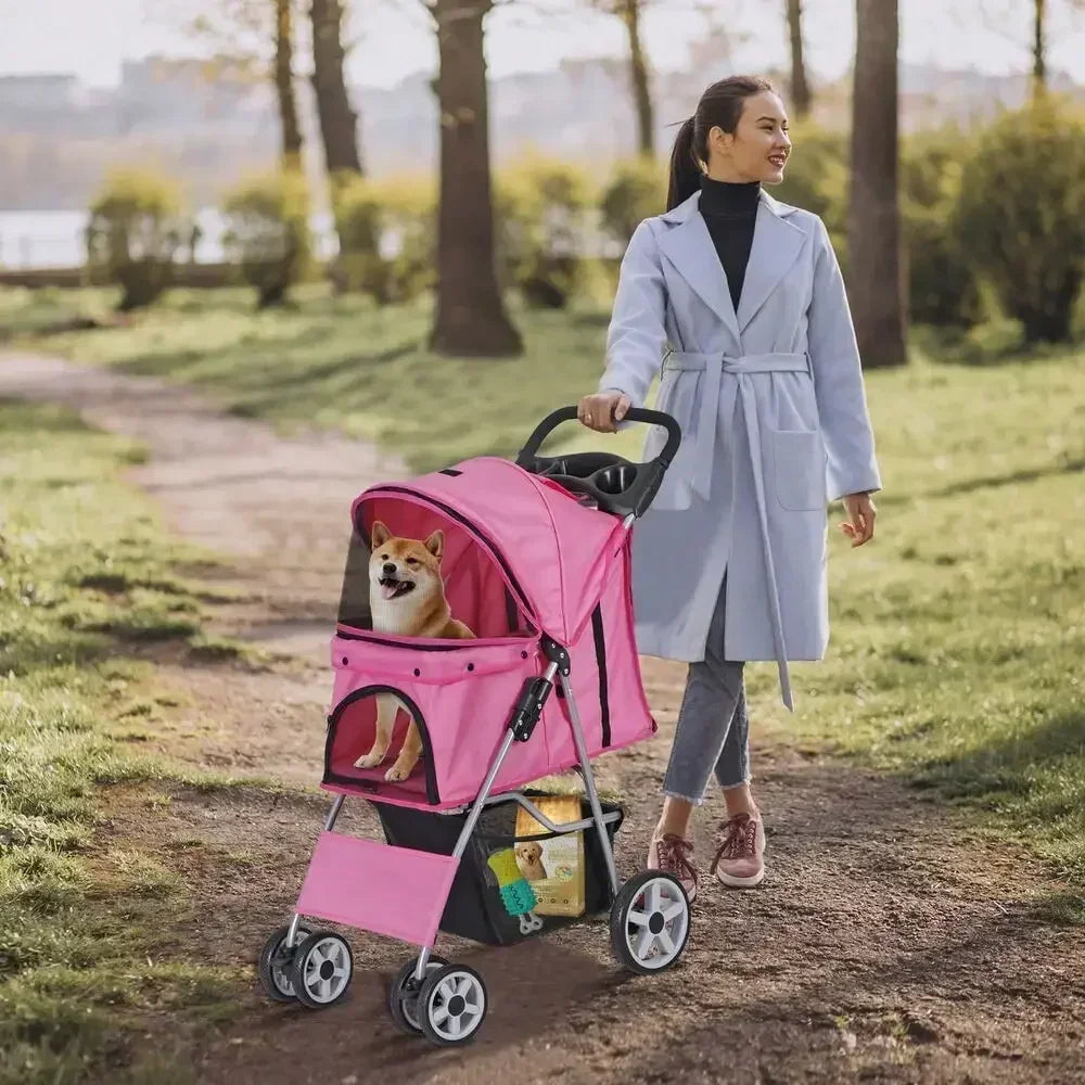 Foldable Pet Stroller 4 Wheel w/ Cup Holder