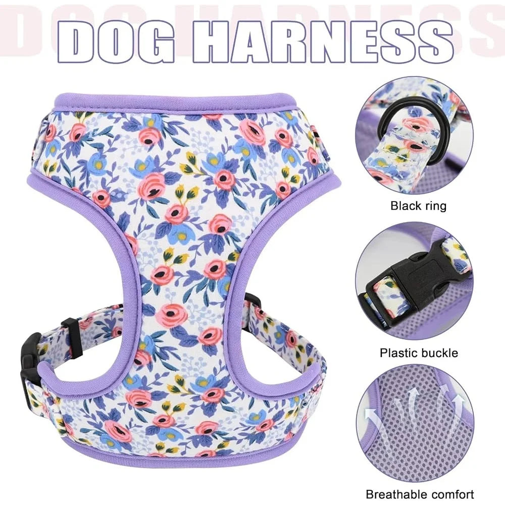 Dog Adjustable, Harness Leash Collar Set, Floral Soft Mesh Vest