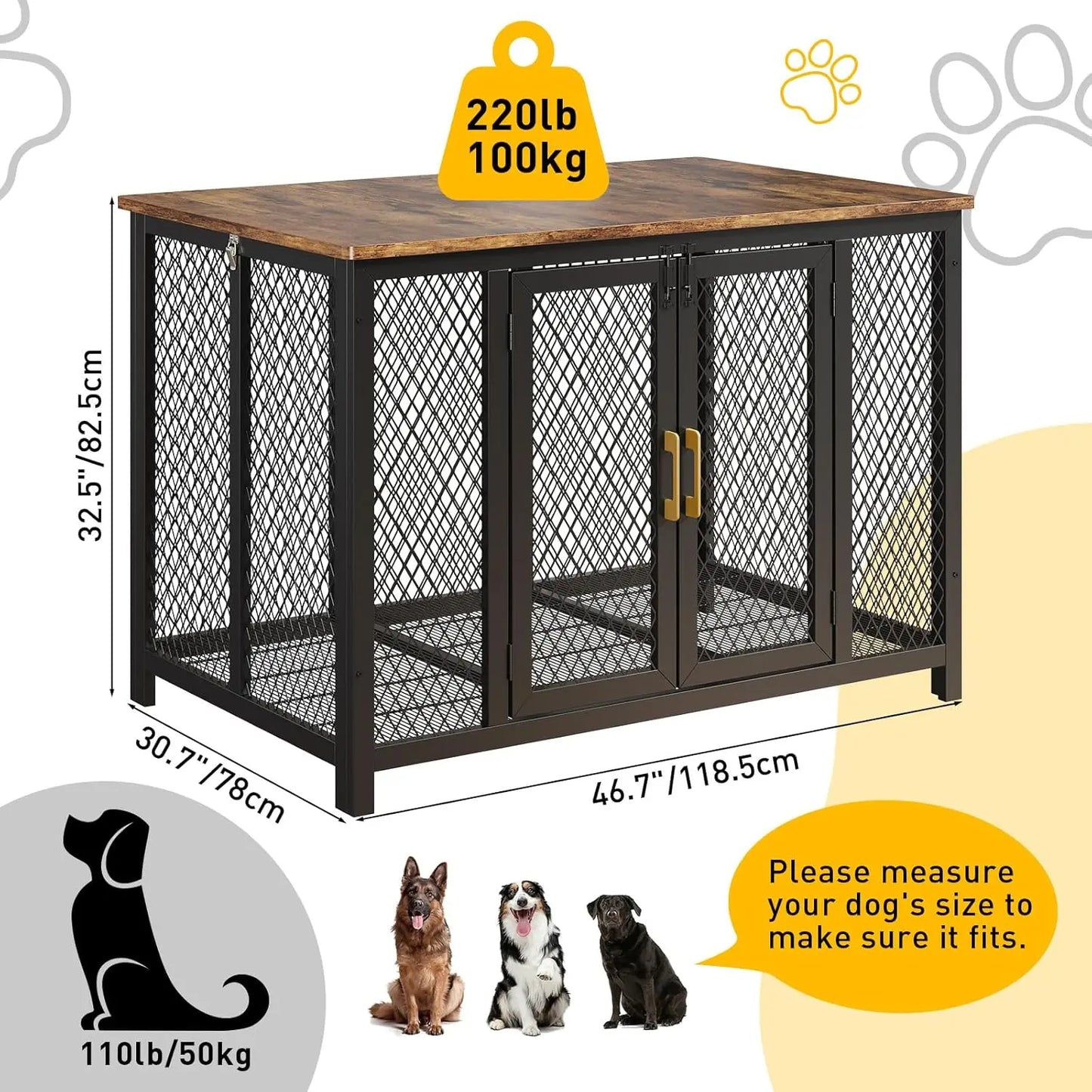Large Dog Crate Furniture/Kennel, 2 Doors Metal, End Table