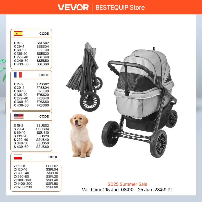 Dog Stroller Carrier, Lightweight Travel with Brakes, Cup Holder
