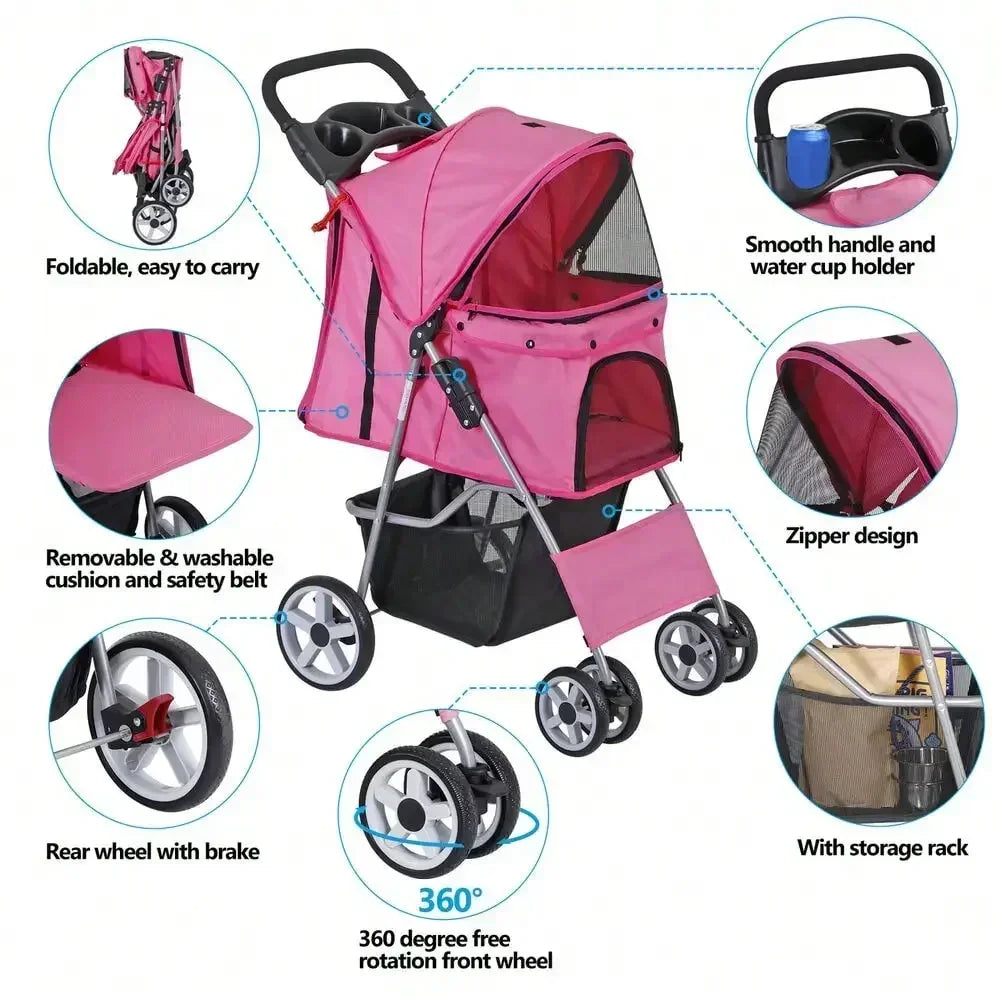Foldable Pet Stroller 4 Wheel w/ Cup Holder